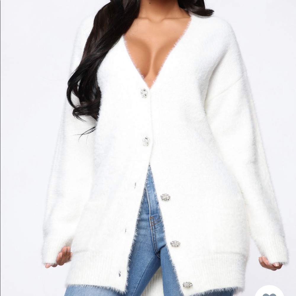 2 items :Fuzzy cardigan from fashion nova and a white skirt